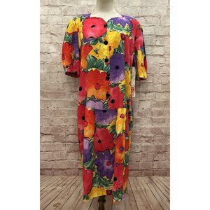 Vintage 80s Maternity Dress Hawaiian Hibiscus Floral Over The Rainbow Size 12